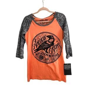 AFFLICTION Old Crow American Customs 3/4 Sleeve Tee Women’s Orange Small Y2K NWT